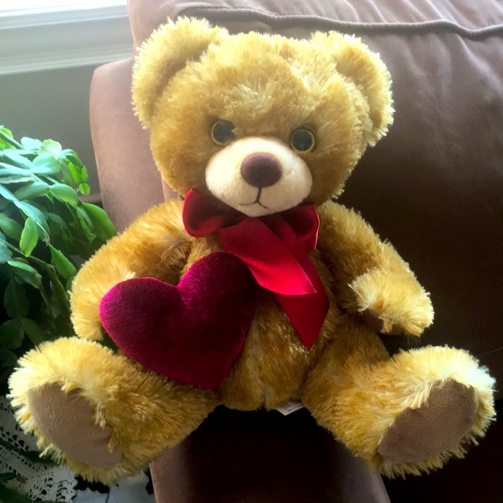 First & Main Minkies Brown Teddy Bear Plush Purple Heart Bow Stuffed Animal NWT